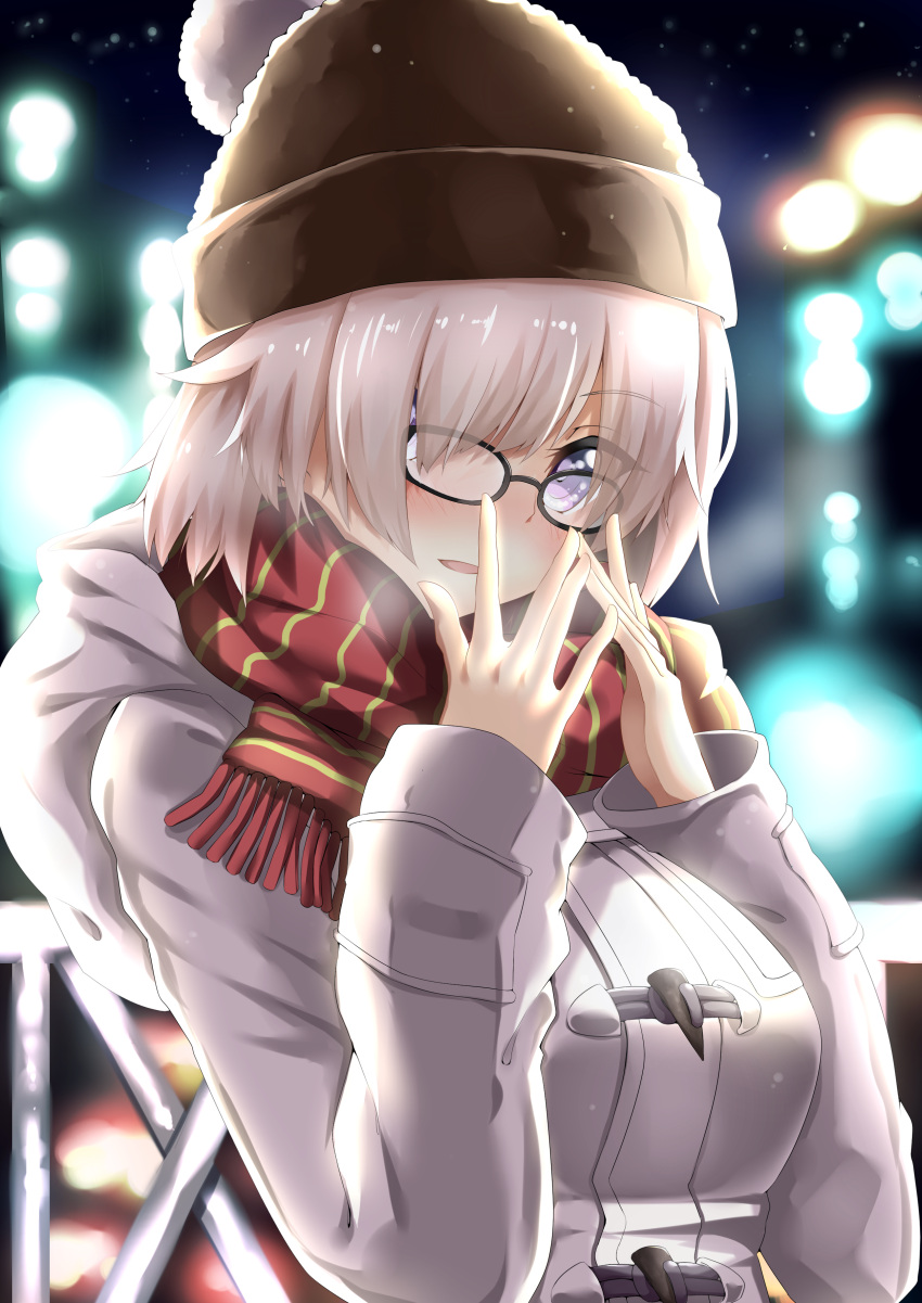 1girl absurdres blurry blurry_background blush borumete breasts commentary_request eyebrows_visible_through_hair fate/grand_order fate_(series) glasses hair_over_one_eye highres large_breasts long_sleeves looking_at_viewer mash_kyrielight open_mouth pink_hair purple_hair red_scarf scarf short_hair solo violet_eyes winter_clothes