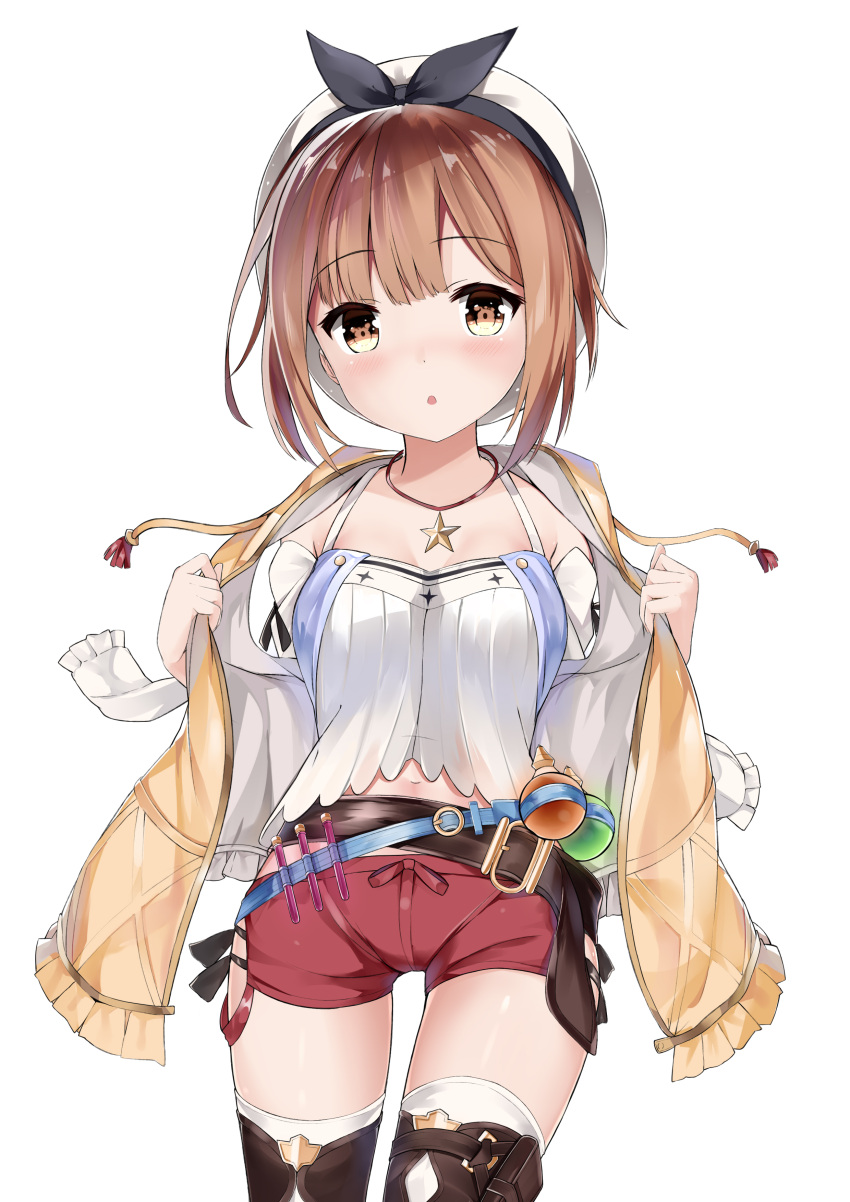 1girl :o absurdres atelier_(series) atelier_ryza bangs belt belt_buckle beret black_ribbon blue_belt blush breasts brown_belt brown_eyes brown_hair brown_jacket buckle commentary_request drawstring eyebrows_visible_through_hair fuyuki030 hat highres jacket jewelry looking_at_viewer medium_breasts navel necklace open_clothes open_jacket parted_lips red_shorts reisalin_stout ribbon round-bottom_flask shirt short_shorts short_sleeves shorts simple_background sleeveless sleeveless_jacket solo star star_necklace thigh-highs vial white_background white_headwear white_legwear white_shirt