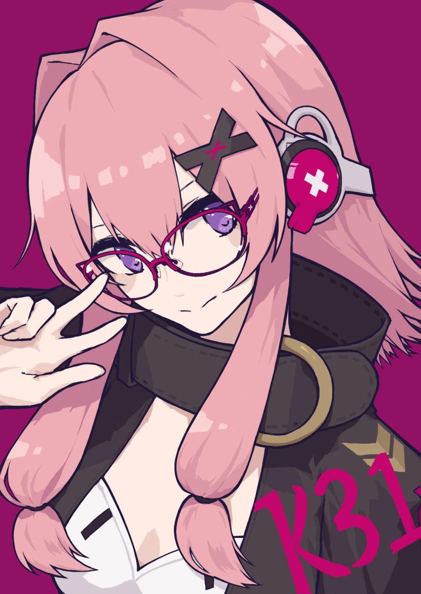 1girl character_name coat girls_frontline glasses hair_ornament hairclip highres k31_(girls_frontline) long_hair papaia_(quentingqoo) pink_hair smile solo violet_eyes
