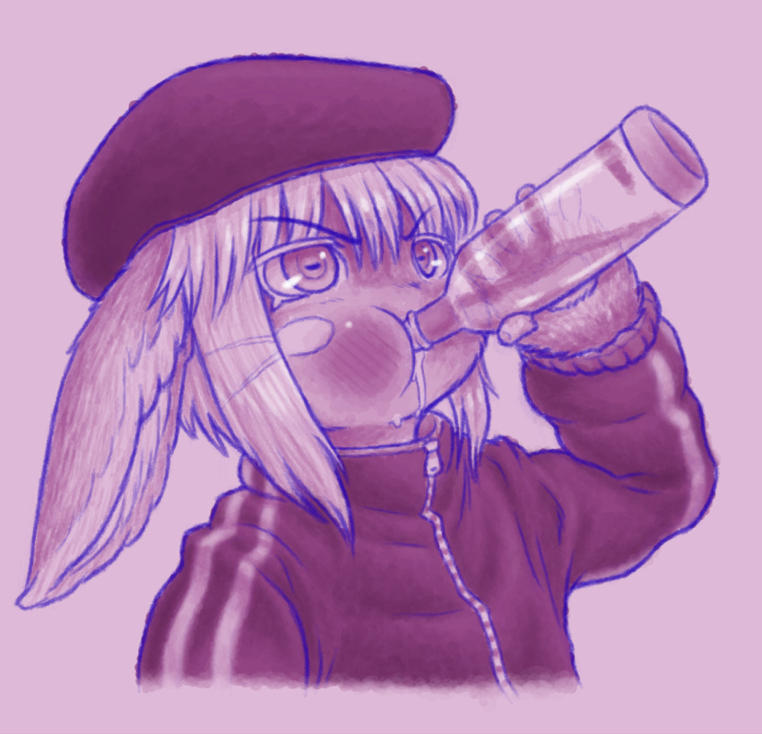 1girl alcohol animal_ears blush bune_poster drinking eyebrows_visible_through_hair flat_cap furry gopnik hat highres made_in_abyss nanachi_(made_in_abyss) vodka