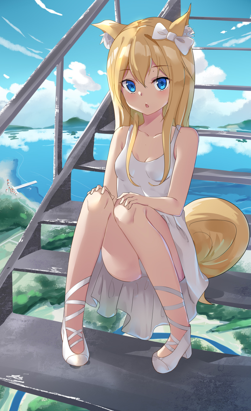 1girl absurdres animal_ear_fluff animal_ears blonde_hair blue_eyes blue_sky bow breasts chestnut_mouth clouds commentary_request dress hair_bow hands_on_own_knees highres medium_hair original panties pantyshot pantyshot_(sitting) sakutaishi sitting sitting_on_stairs sky sleeveless sleeveless_dress small_breasts stairs sundress tail underwear water white_bow white_dress white_footwear