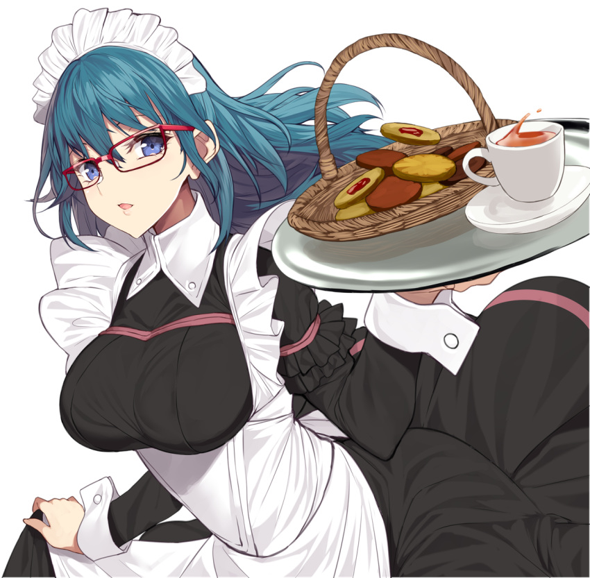 1girl alternate_costume apron basket bespectacled black_dress blue_eyes blue_hair blush breasts byleth_(fire_emblem) byleth_eisner_(female) cup dress enmaided fire_emblem fire_emblem:_three_houses frilled_apron frilled_dress frills glasses highres holding holding_tray large_breasts long_hair long_sleeves looking_at_viewer maid maid_headdress parted_lips red-framed_eyewear saucer simple_background skirt_hold smile solo tea teacup tray underbust white_apron white_background wrist_cuffs yappen