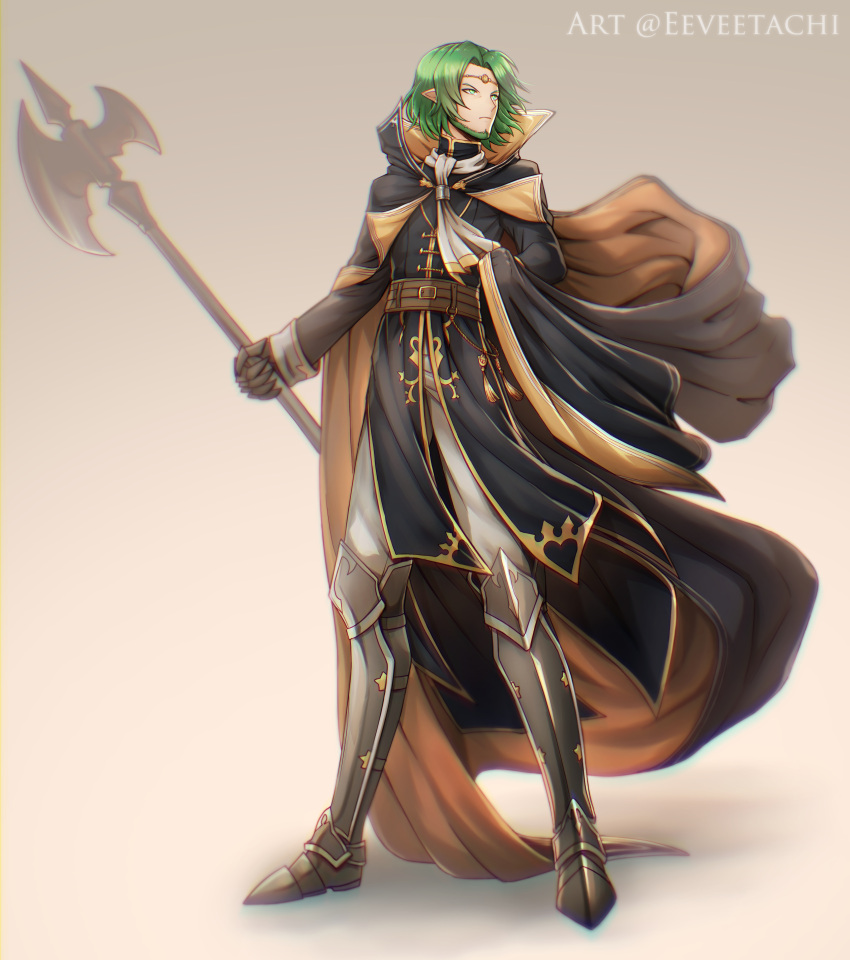 1boy absurdres alternate_costume armored_boots artist_name beard boots cape circlet eeveetachi facial_hair fire_emblem fire_emblem:_three_houses gloves graphite_(medium) green_eyes green_hair grey_background highres mechanical_pencil pencil pointy_ears polearm seteth_(fire_emblem) solo spear traditional_media weapon