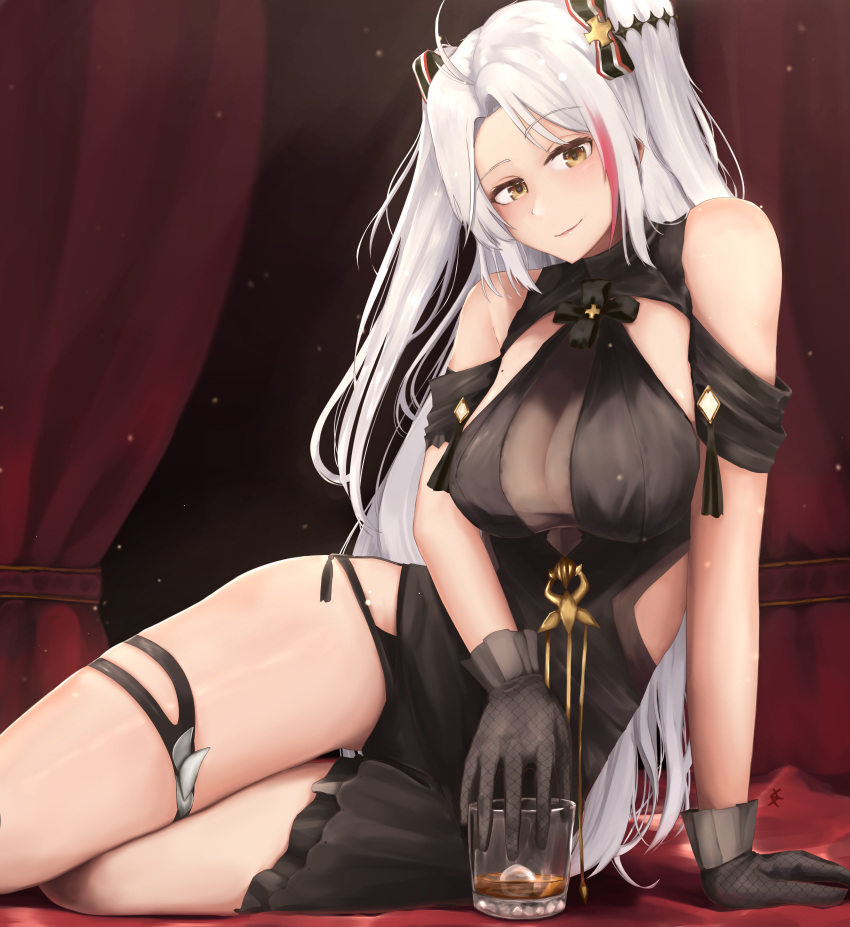 1girl absurdres alcohol alternate_costume antenna_hair arm_support azur_lane bangs black_dress blush bow breasts brown_eyes cup dress drinking_glass eko.art eyebrows_visible_through_hair gloves hair_between_eyes highres huge_filesize iron_cross large_breasts long_hair looking_at_viewer mole mole_on_breast multicolored_hair prinz_eugen_(azur_lane) prinz_eugen_(cordial_cornflower)_(azur_lane) redhead silver_hair skindentation solo streaked_hair thigh_strap thighs two_side_up very_long_hair