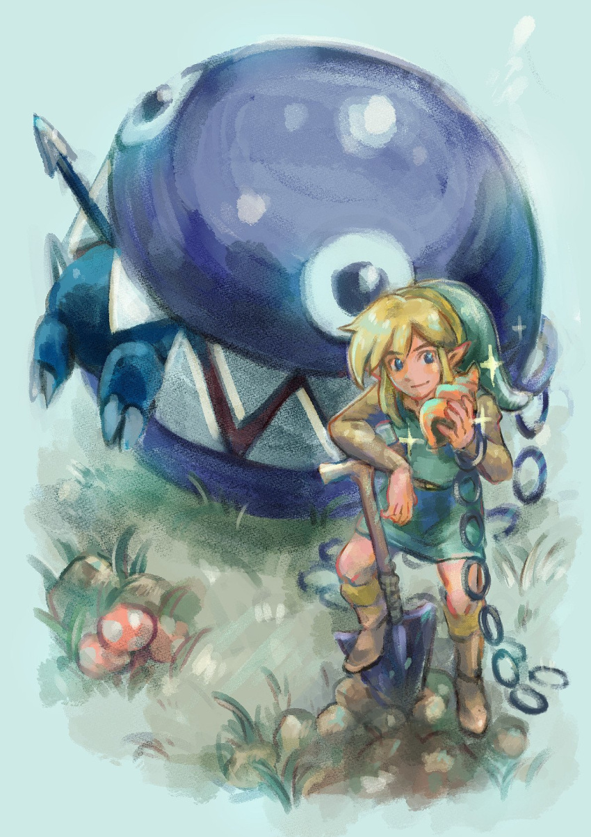 1boy belt blonde_hair blue_eyes blush boots bow_wow_(link's_awakening) brown_footwear chain chain_chomp closed_mouth eating full_body fuwamoko_momen_toufu highres holding knee_boots link male_focus monster mushroom outdoors pointy_ears polearm seashell sharp_teeth shell shovel sidelocks smile sparkle spear standing teeth the_legend_of_zelda the_legend_of_zelda:_link's_awakening tunic weapon