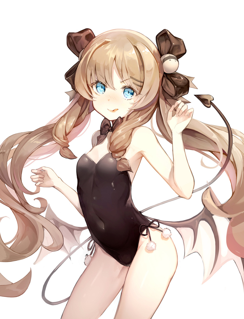 1girl :q bangs black_bow black_leotard blue_eyes bow breasts brown_hair closed_mouth commentary_request covered_navel demon_girl demon_tail demon_wings eyebrows_visible_through_hair groin hair_bow hair_ornament hairclip hands_up highres hon_(neo2462) korean_commentary leotard long_hair looking_at_viewer low_wings original pom_pom_(clothes) simple_background small_breasts smile solo strapless strapless_leotard tail tongue tongue_out twintails very_long_hair white_background white_wings wings