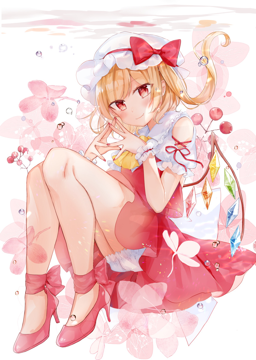 1girl absurdres ascot bangs bare_legs bare_shoulders blonde_hair bloomers blush bow commentary_request crystal eyebrows_visible_through_hair flandre_scarlet frilled_shirt_collar frills full_body hat hat_bow head_tilt high_heels highres knees_up long_hair looking_at_viewer miniskirt mob_cap moko_(3886397) nail_polish one_side_up own_hands_together puffy_short_sleeves puffy_sleeves red_bow red_eyes red_footwear red_nails red_skirt red_vest shirt short_sleeves shoulder_cutout sitting skirt skirt_set smile solo steepled_fingers thighs touhou underwear vest white_background white_bloomers white_headwear white_shirt wings yellow_neckwear