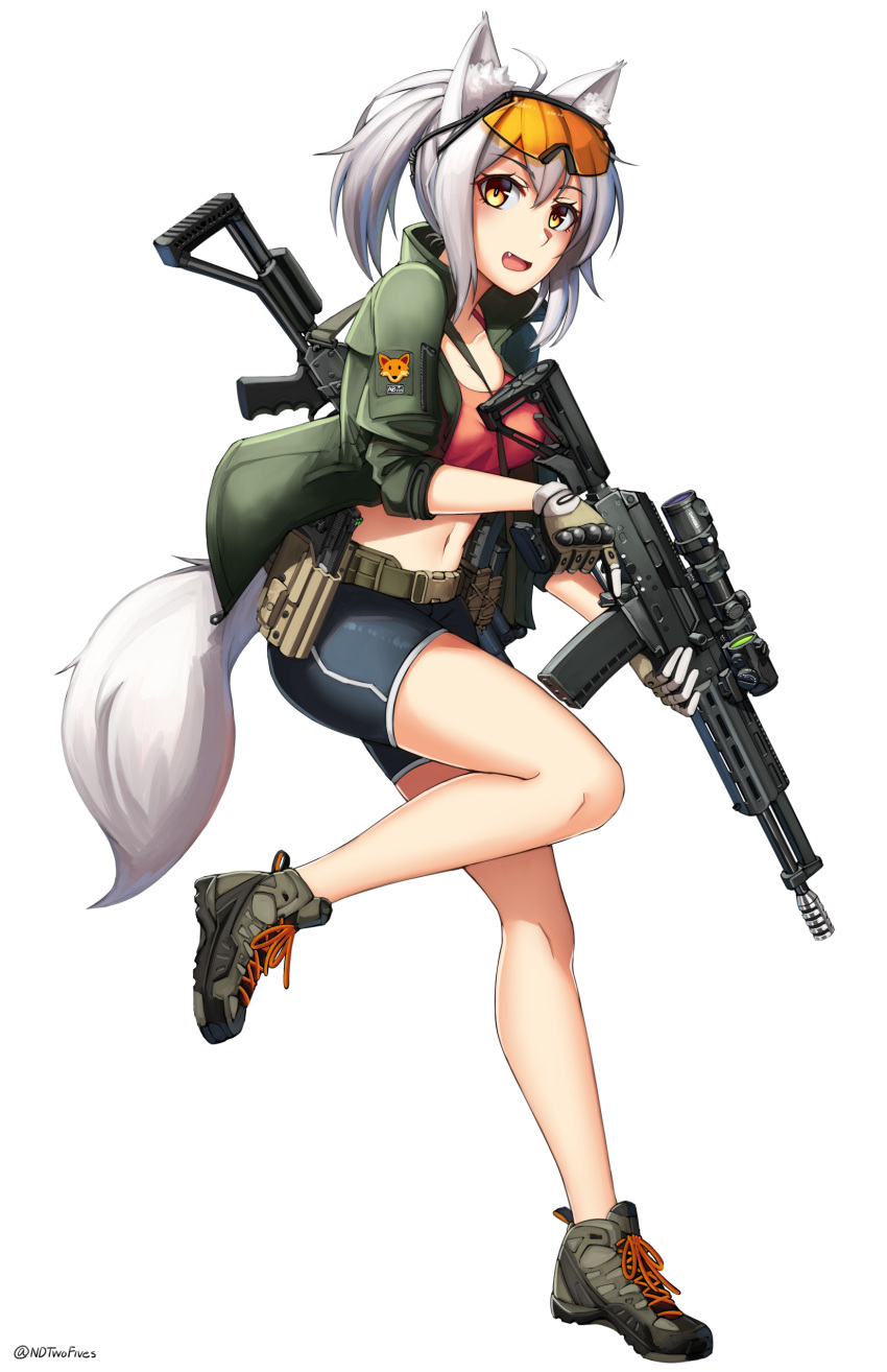1girl :d absurdres ahoge animal_ear_fluff animal_ears bangs between_breasts black_shorts breasts brown_eyes commentary crop_top cz-75 eyebrows_visible_through_hair fang fox_ears fox_girl fox_tail full_body gloves goggles goggles_on_head green_jacket grey_footwear gun hair_between_eyes handgun highres holding holding_gun holding_weapon holster holstered_weapon jacket looking_at_viewer medium_breasts navel ndtwofives open_clothes open_jacket open_mouth original ponytail scope shoes short_shorts shorts silver_hair simple_background smile sneakers solo standing standing_on_one_leg strap_between_breasts tail trigger_discipline twitter_username vepr-12 weapon weapon_on_back weapon_request white_background white_gloves