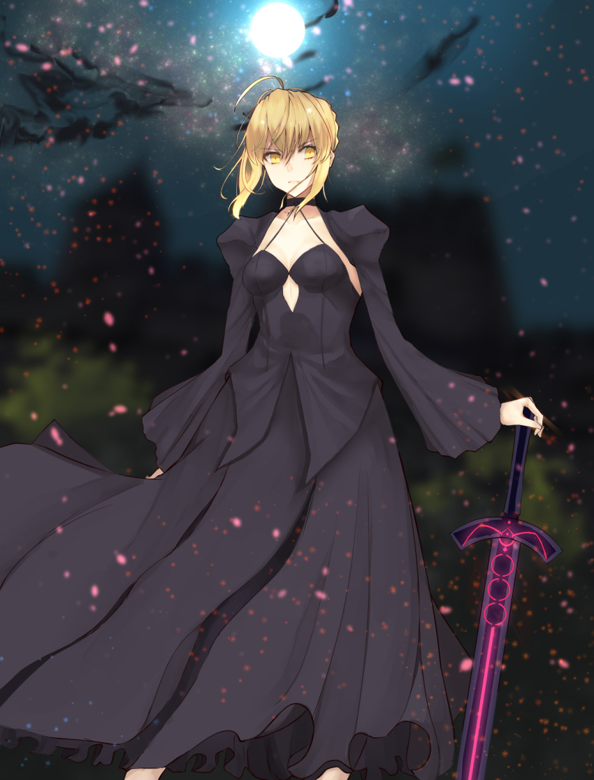 1girl ahoe artoria_pendragon_(all) black_dress blonde_hair blurry blurry_background breasts commentary_request dark_excalibur dress eyebrows_visible_through_hair fate/stay_night fate_(series) hair_between_eyes heaven's_feel highres looking_at_viewer medium_breasts moon night outdoors puffy_sleeves saber_alter shiina_aoi solo weapon yellow_eyes
