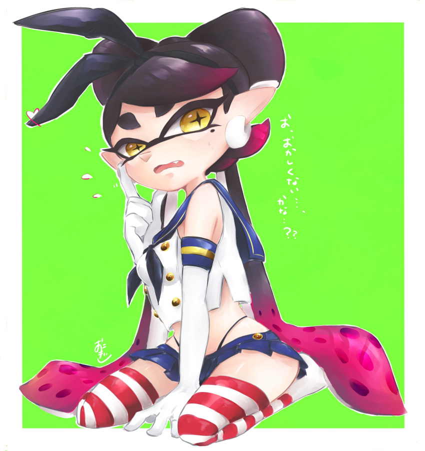 +_+ 1girl aori_(splatoon) black_hair black_hairband black_panties cosplay domino_mask elbow_gloves finger_to_cheek full_body gloves green_background hairband highleg highleg_panties highres kantai_collection kneeling long_hair looking_at_viewer mask microskirt midriff mole mole_under_eye multicolored_hair okome_2g2g panties pleated_skirt purple_hair sailor_collar school_uniform serafuku shimakaze_(kantai_collection) shimakaze_(kantai_collection)_(cosplay) shirt skirt sleeveless solo splatoon_(series) striped striped_legwear tentacle_hair thigh-highs underwear white_earrings white_gloves yellow_eyes