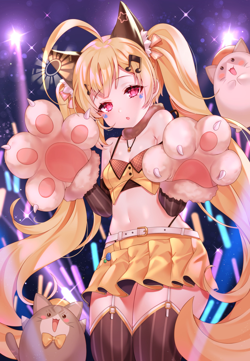 1girl :o ahoge animal animal_ear_fluff animal_ears azur_lane bare_shoulders belt black_legwear blonde_hair breasts cat cat_ears cowboy_shot crop_top eldridge_(azur_lane) eldridge_(catgirl_idol?)_(azur_lane) facial_mark fur_collar garter_straps gloves glowstick highleg highres jewelry long_hair looking_at_viewer meowfficer_(azur_lane) midriff miniskirt musical_note_hair_ornament navel necklace parted_lips paw_gloves paws pink_eyes pleated_skirt reel37891 shirt skirt sleeveless sleeveless_shirt small_breasts stage_lights standing stomach striped thigh-highs twintails very_long_hair yellow_skirt zettai_ryouiki