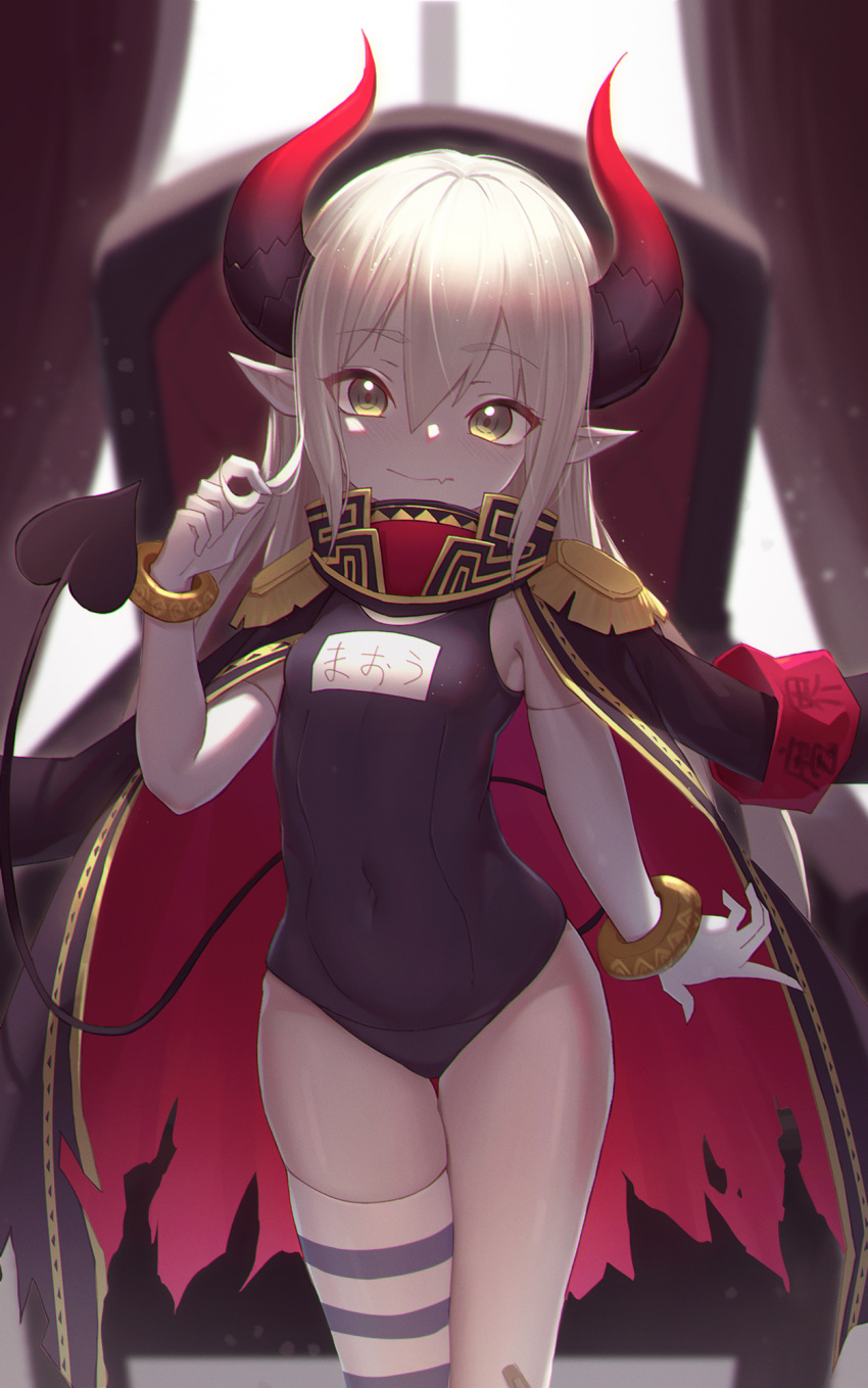 1girl closed_mouth covered_navel curled_horns demon_girl demon_horns demon_tail elbow_gloves emma_august epaulettes eyebrows_visible_through_hair fang flat_chest gloves hair_between_eyes highres hitokuchii horns jacket_on_shoulders long_hair looking_at_viewer nijisanji old_school_swimsuit one-piece_swimsuit pointy_ears school_swimsuit single_thighhigh solo striped striped_legwear swimsuit tail thigh-highs torn_jacket virtual_youtuber white_gloves white_hair yellow_eyes