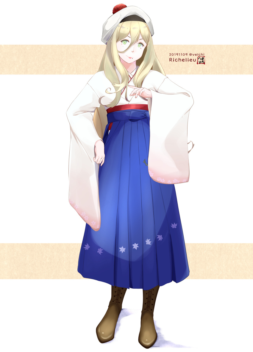 1girl absurdres alternate_costume beret blonde_hair blue_hakama boots cross-laced_footwear floral_print full_body furisode green_eyes hair_between_eyes hakama hat highres japanese_clothes kantai_collection kimono lace-up_boots long_hair mole mole_under_eye mole_under_mouth pom_pom_(clothes) richelieu_(kantai_collection) solo velchi white_kimono wide_sleeves