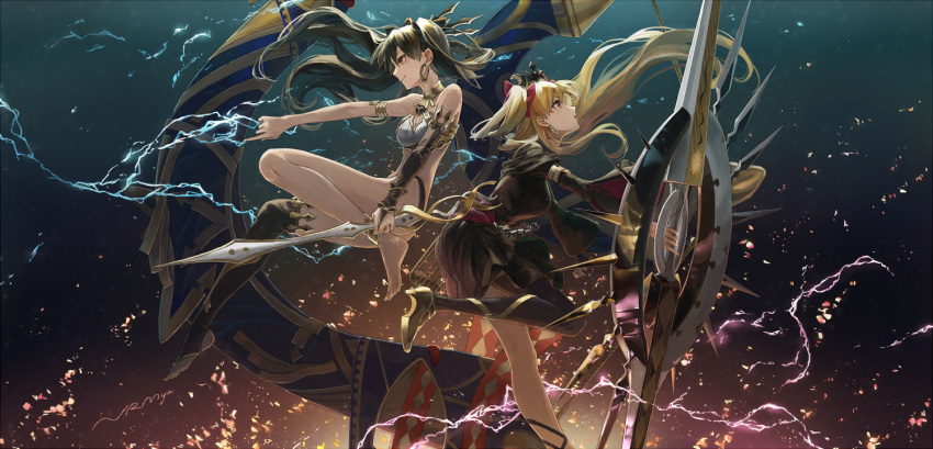 040miya 2girls back-to-back barefoot black_hair blonde_hair dress earrings energy ereshkigal_(fate/grand_order) fate/grand_order fate_(series) heavenly_boat_maanna high_heels hoop_earrings ishtar_(fate/grand_order) jewelry long_hair multiple_girls pointing red_eyes single_thighhigh thigh-highs tiara