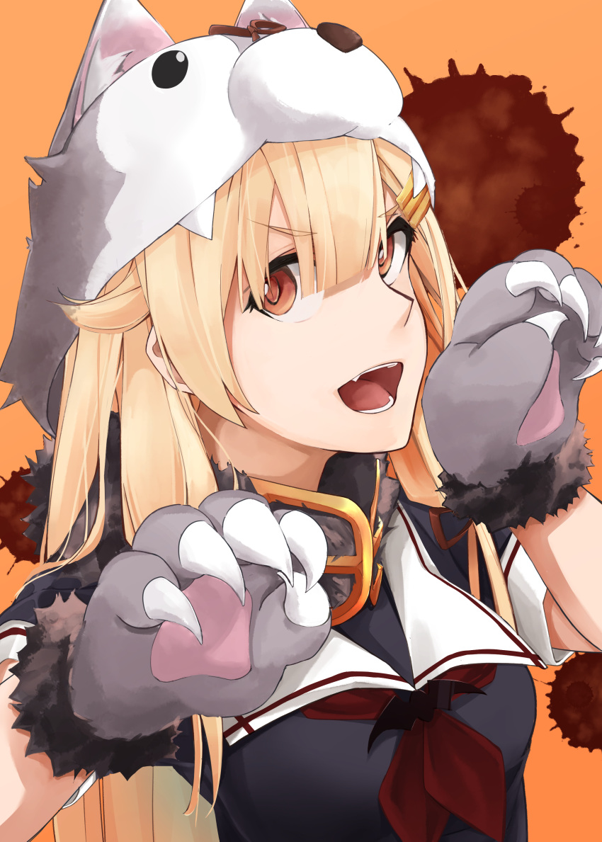 1girl absurdres animal_hood bangs black_shirt blonde_hair collared_shirt dog_hood gloves grey_gloves hair_ornament hairclip highres hood kantai_collection kumanoko long_hair looking_at_viewer neckerchief orange_background paw_gloves paws red_eyes red_neckwear sailor_collar sailor_shirt shirt short_sleeves solo upper_body very_long_hair white_sailor_collar yuudachi_(kantai_collection)