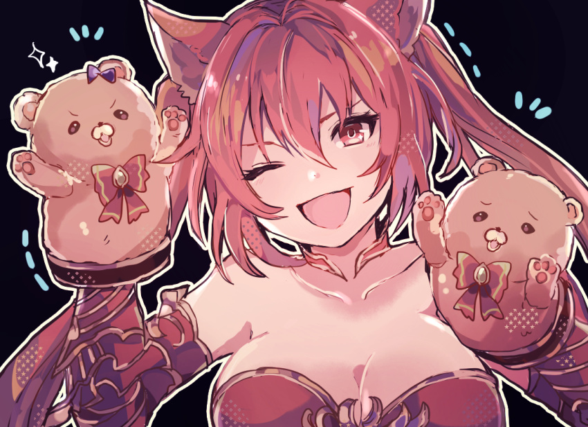 1girl ;d animal_ears bare_shoulders black_background breasts cerberus_(shingeki_no_bahamut) collar collarbone detached_sleeves dog_ears granblue_fantasy hair_between_eyes hand_puppet large_breasts long_hair one_eye_closed open_mouth puppet red_armor red_eyes redhead ribbon shiina_kimagure shingeki_no_bahamut smile twintails