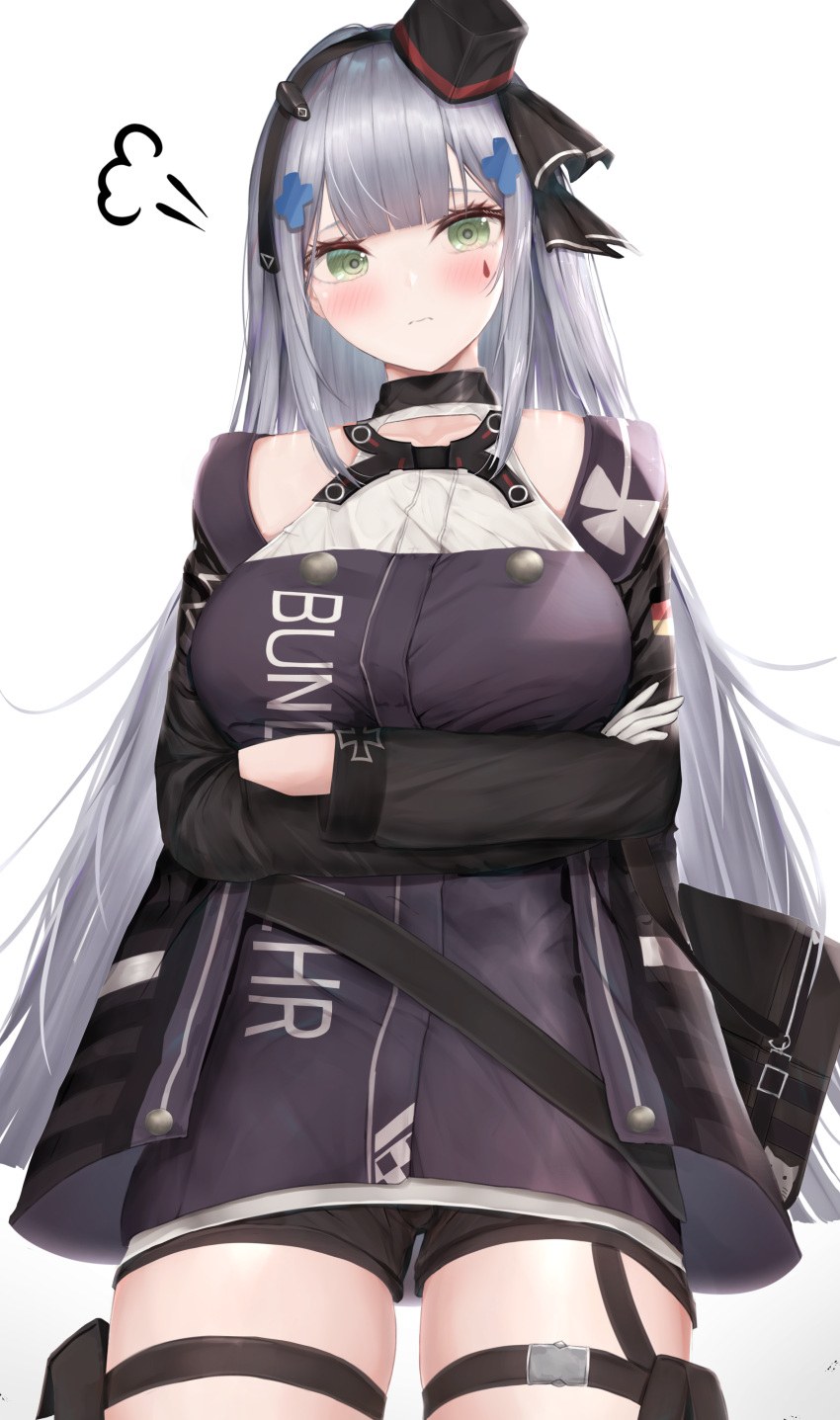 1girl absurdres bangs bike_shorts black_shorts blunt_bangs blush breasts cowboy_shot crossed_arms dress eyebrows_visible_through_hair facial_mark girls_frontline gloves green_eyes hair_ornament hat highres hk416_(girls_frontline) iron_cross jacket long_hair looking_at_viewer mod3_(girls_frontline) off_shoulder open_clothes open_jacket shorts silver_hair solo thigh_strap user_yexh7882 very_long_hair
