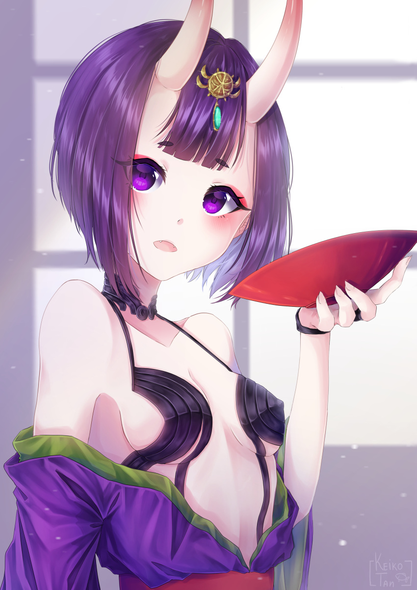 1girl absurdres bikini_top black_bikini_top black_hair breasts cup fate/grand_order fate_(series) hair_ornament highres horns japanese_clothes kimono obi off_shoulder oni oni_horns open_mouth purple_kimono sakazuki sash short_hair shuten_douji_(fate/grand_order) small_breasts solo upper_body user_ypvj4285 violet_eyes