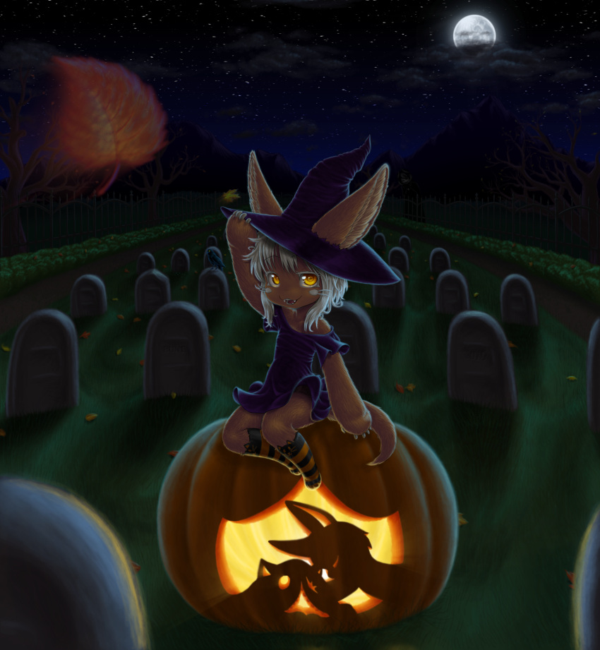1girl absurdres animal_ears bird bune_poster crow eyebrows_visible_through_hair furry graveyard hat highres jack-o'-lantern leaves_in_wind made_in_abyss md5_mismatch mitty_(made_in_abyss) moon nanachi_(made_in_abyss) ozen striped striped_legwear tombstone white_hair witch witch_hat yellow_eyes
