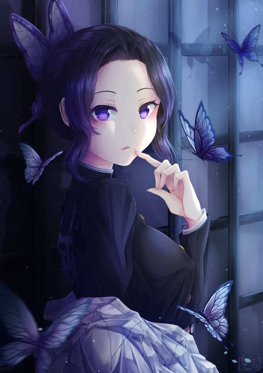 1girl absurdres black_jacket blue_hair bug butterfly butterfly_hair_ornament covered_nipples hair_intakes hair_ornament haori highres huge_filesize index_finger_raised insect jacket japanese_clothes kimetsu_no_yaiba kochou_shinobu long_sleeves looking_at_viewer night shiny shiny_hair short_hair solo upper_body user_ypvj4285 violet_eyes