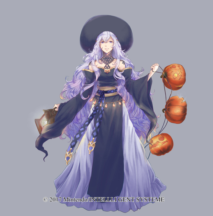 1girl absurdres deirdre_(fire_emblem) dress fire_emblem fire_emblem:_genealogy_of_the_holy_war full_body halloween_costume hat highres holding jack-o'-lantern lantern lithety long_hair long_sleeves parted_lips purple_hair solo violet_eyes wide_sleeves witch_hat