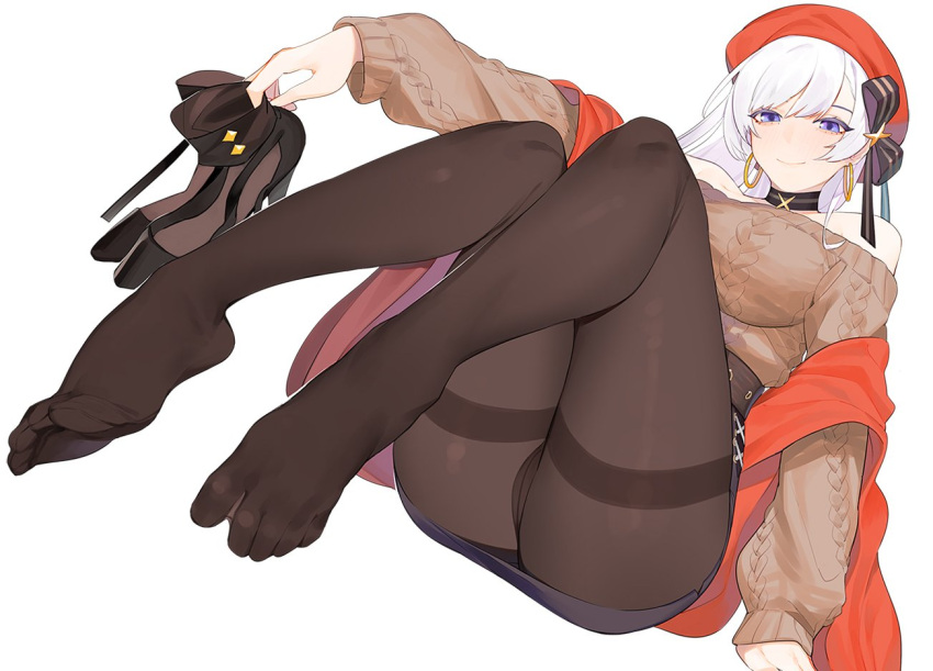 1girl alternate_costume aran_sweater arm_support azur_lane bangs belfast_(azur_lane) beret black_footwear black_legwear black_skirt blue_eyes blush breasts brown_sweater choker closed_eyes commentary_request earrings footwear_removed half-closed_eyes hat high_heels holding_footwear hoop_earrings jewelry juz large_breasts legs long_hair looking_at_viewer off-shoulder_sweater off_shoulder pantyhose pencil_skirt red_headwear shawl sidelocks silver_hair simple_background skirt smile solo sweater thighband_pantyhose toes very_long_hair white_background