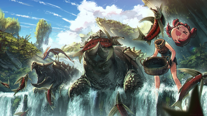 &gt;_&lt; 1girl :d basket bird clouds disembodied_head dullahan fingerless_gloves fishing gloves highres open_mouth original porforever redhead salmon smile snapping_turtle turtle water waterfall