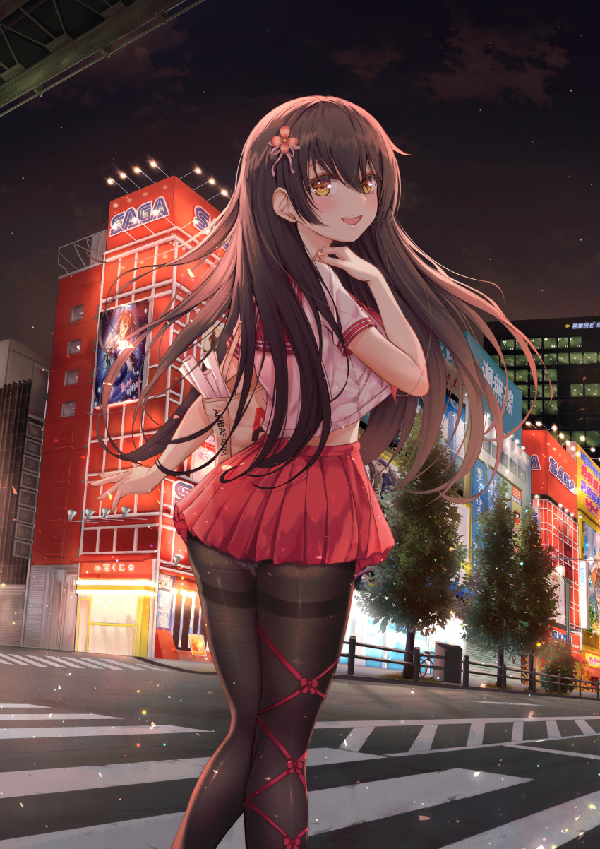 1girl :d absurdres akihabara_(tokyo) ass bag black_legwear brand_name_imitation brown_eyes brown_hair building byn6 clouds commentary_request crop_top crop_top_overhang crosswalk flower from_behind hair_between_eyes hair_flower hair_ornament highres idolmaster idolmaster_cinderella_girls long_hair looking_at_viewer looking_back midriff miniskirt neckerchief night open_mouth original outdoors panties panties_under_pantyhose panty_peek pantyhose pleated_skirt red_sailor_collar red_skirt road sailor_collar school_uniform scroll serafuku shimamura_uzuki shirt short_sleeves shoulder_bag skirt smile solo standing star_(sky) street thighband_pantyhose tree underwear white_shirt