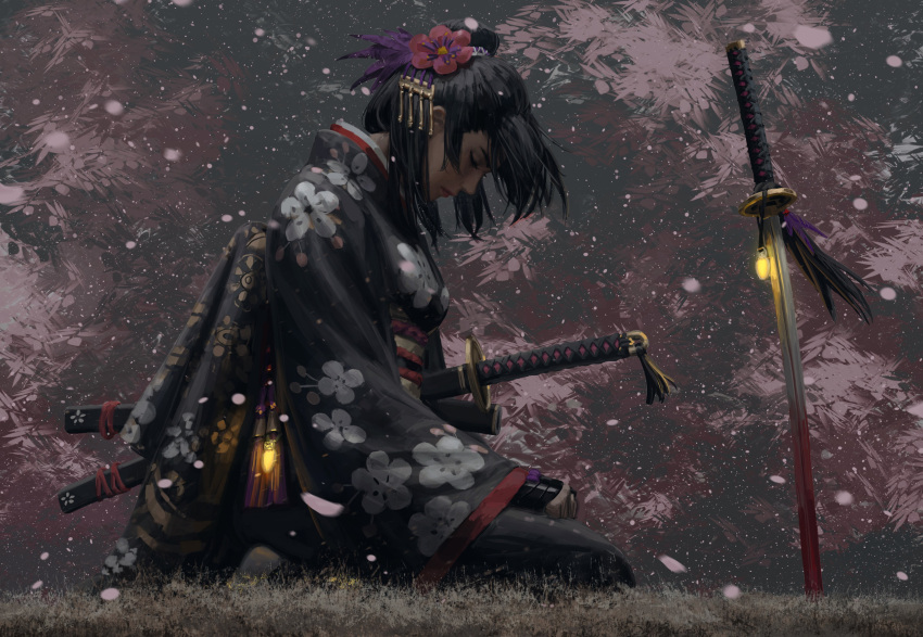 1girl absurdres bangs black_hair black_kimono blood breasts closed_eyes closed_mouth day floral_print flower from_side full_body glowing guweiz hair_bun hair_flower hair_ornament highres japanese_clothes katana kimono long_sleeves obi on_grass original outdoors petals planted planted_sword print_kimono red_flower sash sheath sheathed sidelocks single_hair_bun small_breasts solo sword unsheathed weapon wide_sleeves
