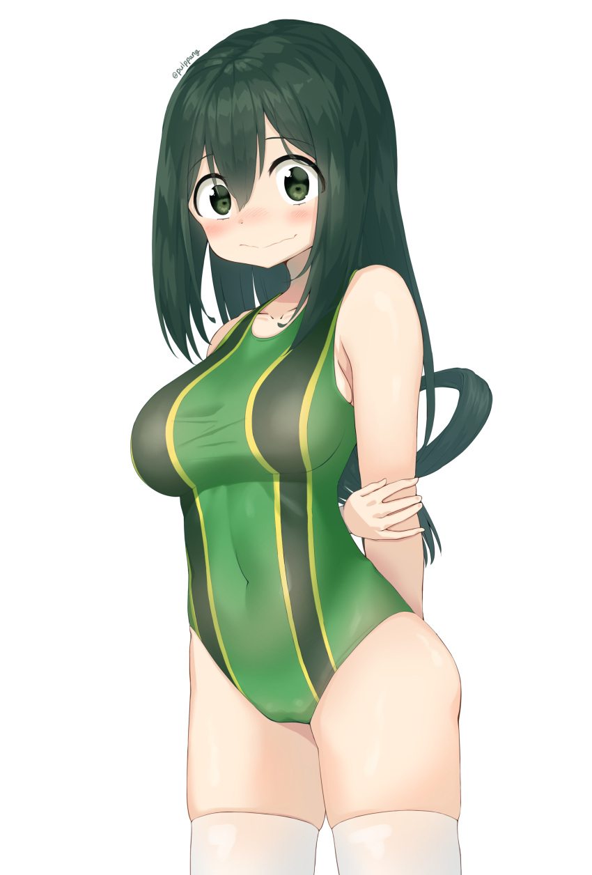 1girl absurdres asui_tsuyu black_eyes black_hair blush boku_no_hero_academia breasts collarbone commentary_request dohyuni818 green_hair green_swimsuit hair_rings highres long_hair looking_at_viewer low-tied_long_hair simple_background solo swimsuit thigh-highs white_background white_legwear
