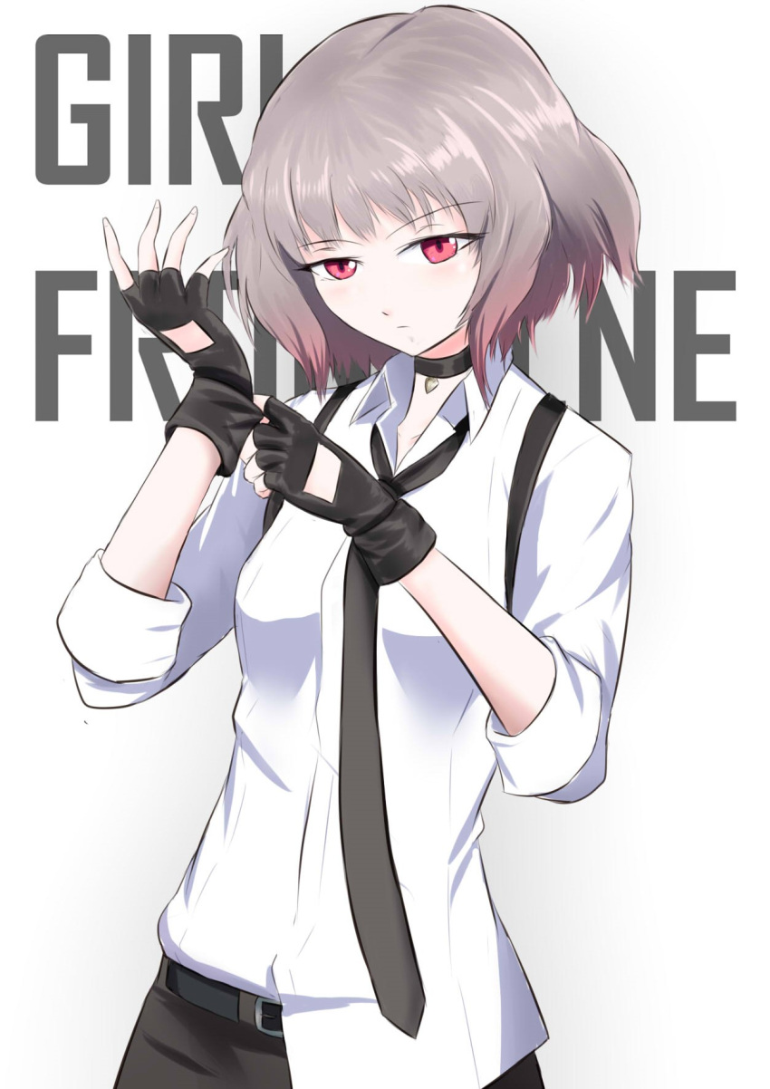 1girl belt choker copyright_name eyebrows_visible_through_hair fingerless_gloves gentiane_(girls_frontline) girls_frontline gloves highlights highres holster multicolored_hair necktie pants pink_eyes putting_on_gloves redhead ryuzaki-kaito shirt silver_hair solo white_shirt