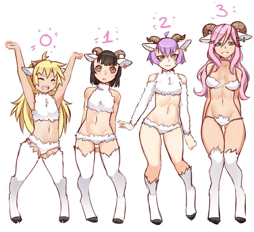 4girls :d :o \o/ ^_^ ahoge animal_ears arms_behind_back arms_up bare_shoulders black_hair blonde_hair blush_stickers breasts brown_eyes closed_eyes commentary ear_tag english_commentary eyebrows_visible_through_hair full_body fur green_eyes highres hooves horizontal_pupils horns iwbitu-sa legs_apart long_hair looking_at_viewer medium_breasts multiple_girls navel open_mouth original outstretched_arms parted_lips pink_hair purple_hair sheep_ears sheep_girl sheep_horns short_hair simple_background smile stomach upper_teeth white_background white_fur yellow_eyes