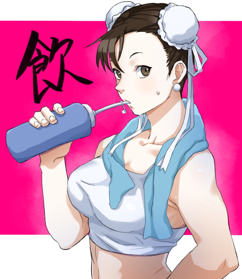 1girl :o bangs bra breasts brown_eyes brown_hair bun_cover chun-li double_bun drink drinking earrings from_side hand_on_hip highres jewelry looking_at_viewer medium_breasts pretty-purin720 short_hair solo sports_bra street_fighter sweat underwear white_bra