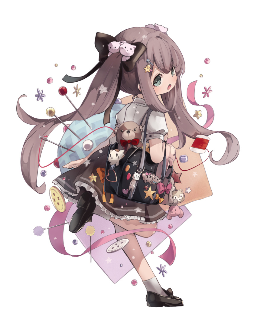 1girl absurdres bag black_bow black_footwear black_skirt bow brown_hair buttons commentary_request frills from_behind fujii_shino green_eyes hair_bow hair_ornament hairclip heart highres keychain loafers long_hair looking_at_viewer looking_back needle open_mouth orange_bow original pin pincushion pink_bow pink_ribbon ribbon shirt shoes short_sleeves shoulder_bag skirt socks solo spool standing standing_on_one_leg star stuffed_animal stuffed_bunny stuffed_cat stuffed_toy teddy_bear thread twintails white_background white_legwear white_shirt
