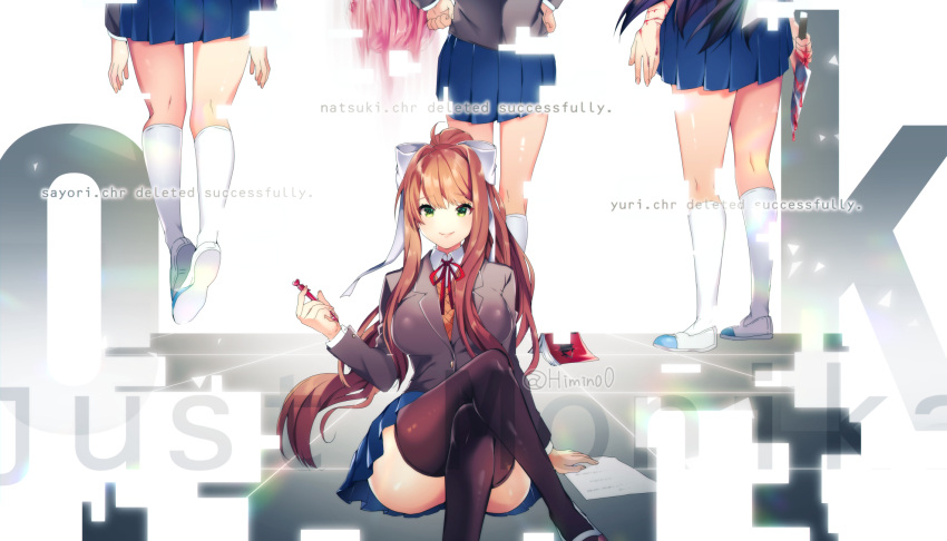 4girls ahoge arm_support black_legwear blazer blood bloody_knife blue_skirt book breasts brown_hair character_name closed_mouth commentary_request crossed_legs cuts doki_doki_literature_club english english_text female_only green_eyes hair_bow hair_ornament hair_ribbon highres himino0 holding holding_knife injury jacket kneehighs knife large_breasts long_hair long_sleeves looking_at_viewer mary_janes mechanical_pencil monika_(doki_doki_literature_club) multiple_girls natsuki_(doki_doki_literature_club) neck_ribbon paper pencil pink_hair pleated_skirt ponytail purple_hair red_ribbon ribbon sayori_(doki_doki_literature_club) school_uniform serafuku shoes sidelocks sitting skirt smile spoilers standing thigh-highs thighs twitter_username uwabaki very_long_hair white_legwear white_ribbon yuri_(doki_doki_literature_club)