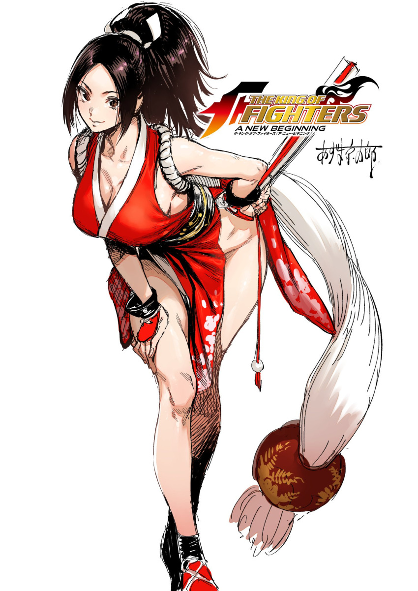 1girl azuma_kyoutarou_(artist) bangs bare_shoulders breasts brown_eyes brown_hair closed_fan commentary_request fan fatal_fury folding_fan hand_on_own_thigh high_ponytail highres large_breasts leaning_forward looking_at_viewer ninja parted_bangs ponytail revealing_clothes rope shiranui_mai smile the_king_of_fighters thighs