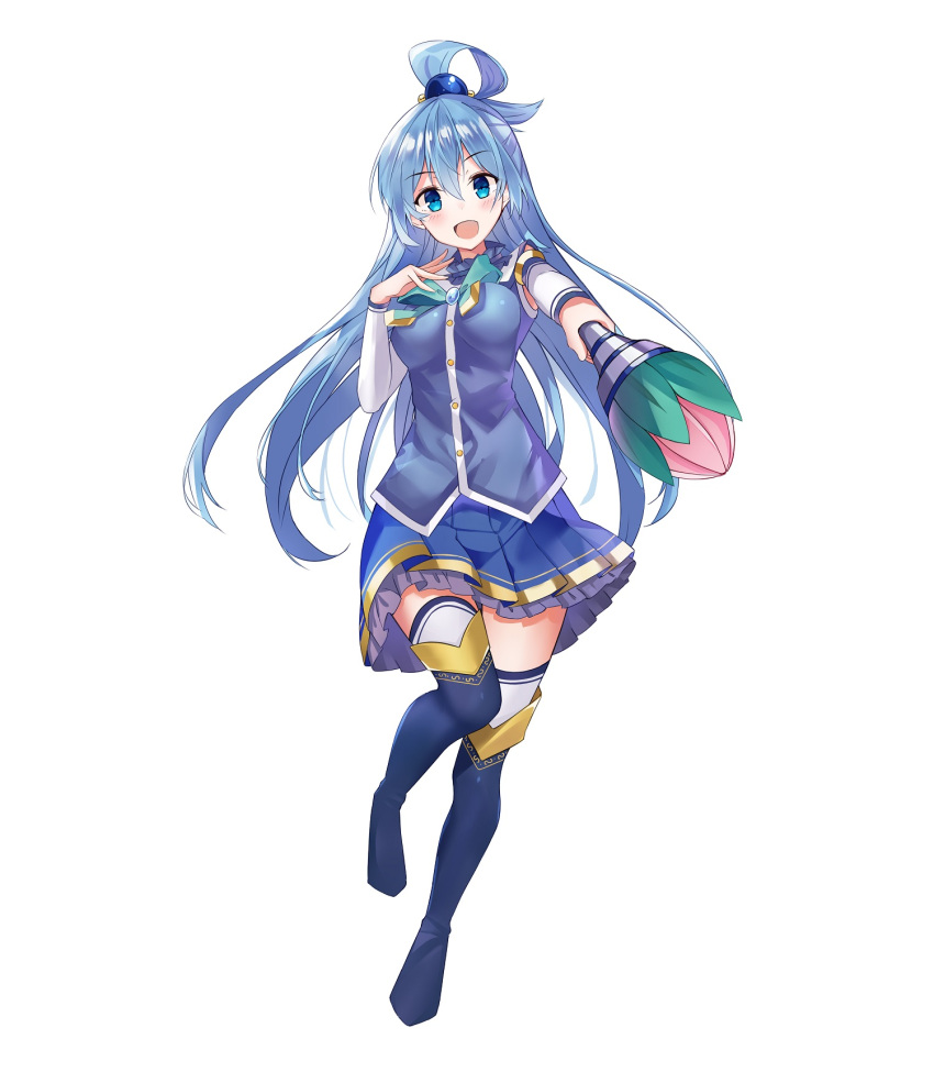 1girl 97dwnstjq aqua_(konosuba) blue_eyes blue_hair blue_legwear blush boots breasts commentary_request detached_sleeves eyebrows_visible_through_hair hair_between_eyes hair_ornament hair_rings highres holding holding_staff kono_subarashii_sekai_ni_shukufuku_wo! large_breasts long_hair looking_at_viewer open_mouth simple_background skirt smile solo staff thigh-highs very_long_hair white_background white_legwear