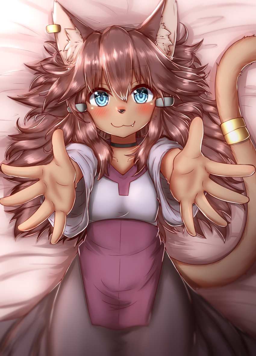 accessory blue_eyes blush breasts brown_ears brown_fur brown_hair cat choker clothed clothing dress ear_piercing earrings fangs fur furry gundam gundam_build_divers_re:rise hair hair_ornament hand_behind_head hi_res highres horokusa_(korai) inner_ear_fluff jewelry long_hair looking_at_viewer maiya_(gundam_build_divers_re:rise) mammal necklace piercing simple_background single_earring small_breasts solo tail tail_ring