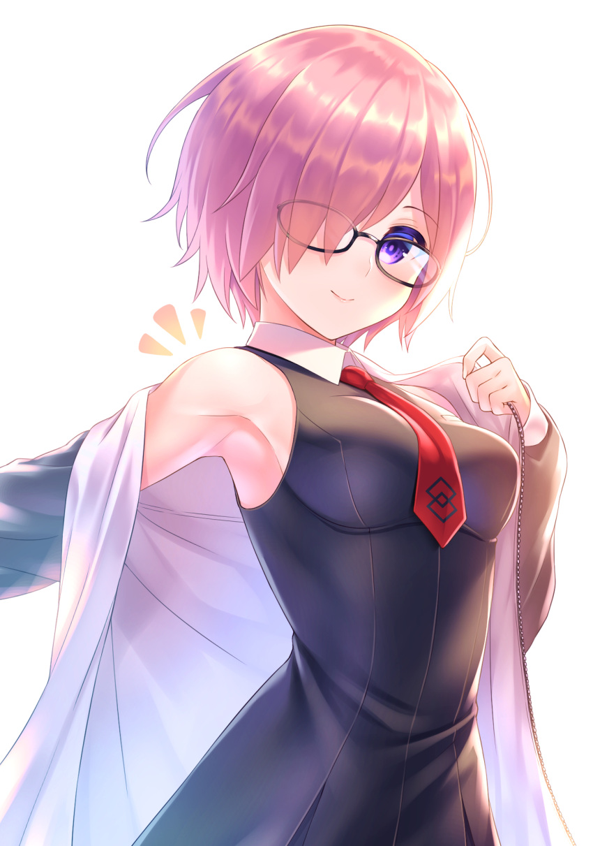 /\/\/\ 1girl armpits bangs bare_shoulders black-framed_eyewear black_dress blush breasts closed_mouth collared_dress commentary_request dress eyebrows_visible_through_hair fate/grand_order fate_(series) glasses grey_jacket hair_over_one_eye hand_up highres jacket long_sleeves looking_at_viewer mash_kyrielight medium_breasts necktie notice_lines off_shoulder open_clothes open_jacket pink_hair red_neckwear short_hair simple_background single_bare_shoulder sleeves_past_wrists smile solo tomo_(user_hes4085) unzipped upper_body violet_eyes white_background white_jacket