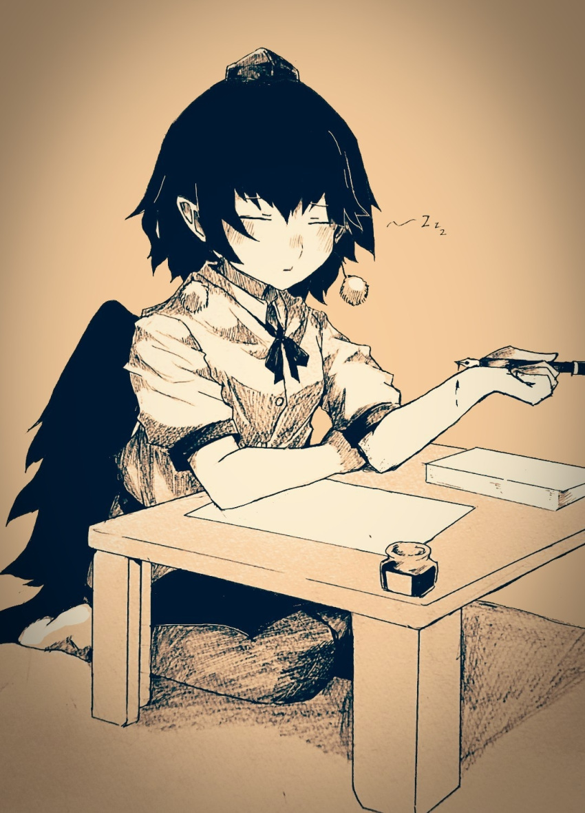 1girl black_hair buttons closed_eyes commentary_request hakurohokuto hat highres holding holding_pen inkwell monochrome neck_ribbon nib_pen_(object) paper pen pointy_ears pom_pom_(clothes) ribbon seiza shameimaru_aya shirt short_hair short_sleeves simple_background sitting skirt sleeping sleeping_upright table tengu tokin_hat touhou white_shirt wings zzz