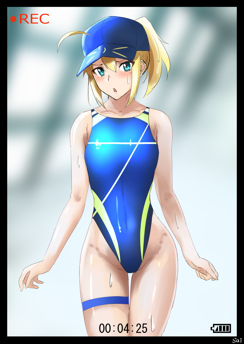 1girl absurdres ahoge artoria_pendragon_(all) aya_(user_ddya7452) baseball_cap blonde_hair blue_eyes blue_headwear blurry chestnut_mouth commentary_request competition_swimsuit cowboy_shot depth_of_field fate/grand_order fate_(series) flat_chest hat highleg highleg_swimsuit highres indoors long_hair looking_at_viewer mysterious_heroine_x one-piece_swimsuit ponytail recording rojiura_satsuki:_chapter_heroine_sanctuary solo standing swimsuit thigh_gap viewfinder