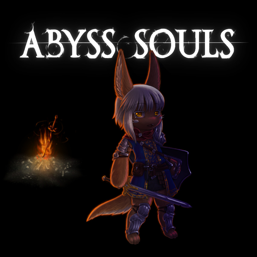 1girl animal_ears armor bonfire bune_poster dark_souls eyebrows_visible_through_hair furry highres knight made_in_abyss md5_mismatch nanachi_(made_in_abyss) shield souls_(from_software) sword weapon white_hair yellow_eyes