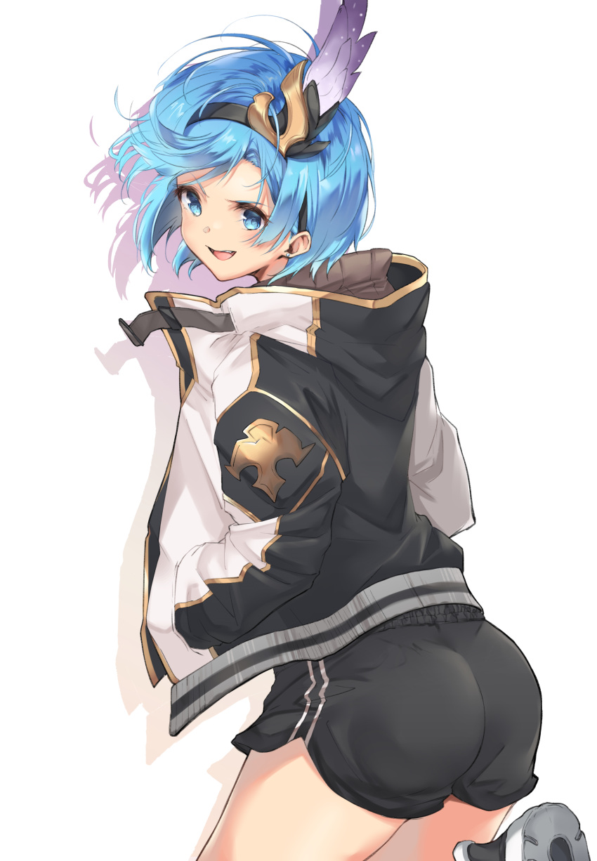 1girl :d absurdres ass black_footwear black_hairband black_jacket black_shorts blue_eyes blue_hair blush boyshorts commentary_request cowboy_shot djeeta_(granblue_fantasy) feathers from_behind granblue_fantasy hair_feathers hairband hands_in_pockets highres hood hooded_jacket jacket laz_(ackf3885) leg_up long_sleeves looking_at_viewer looking_back open_clothes open_jacket open_mouth short_hair shorts side_slit simple_background smile solo standing standing_on_one_leg v-shaped_eyebrows white_background