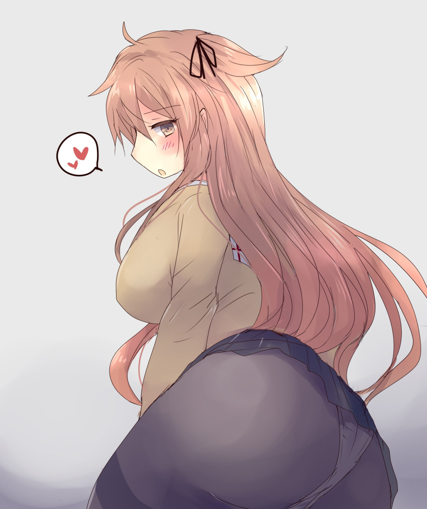 1girl alternate_costume ass black_skirt blonde_hair casual commentary_request eyebrows_visible_through_hair hair_between_eyes hair_flaps hair_ribbon heart highres hirune_(konekonelkk) kantai_collection long_hair looking_at_viewer looking_back murasame_(kantai_collection) orange_hair panties panties_under_pantyhose pantyhose remodel_(kantai_collection) ribbon simple_background skirt solo sweater underwear white_background yellow_sweater