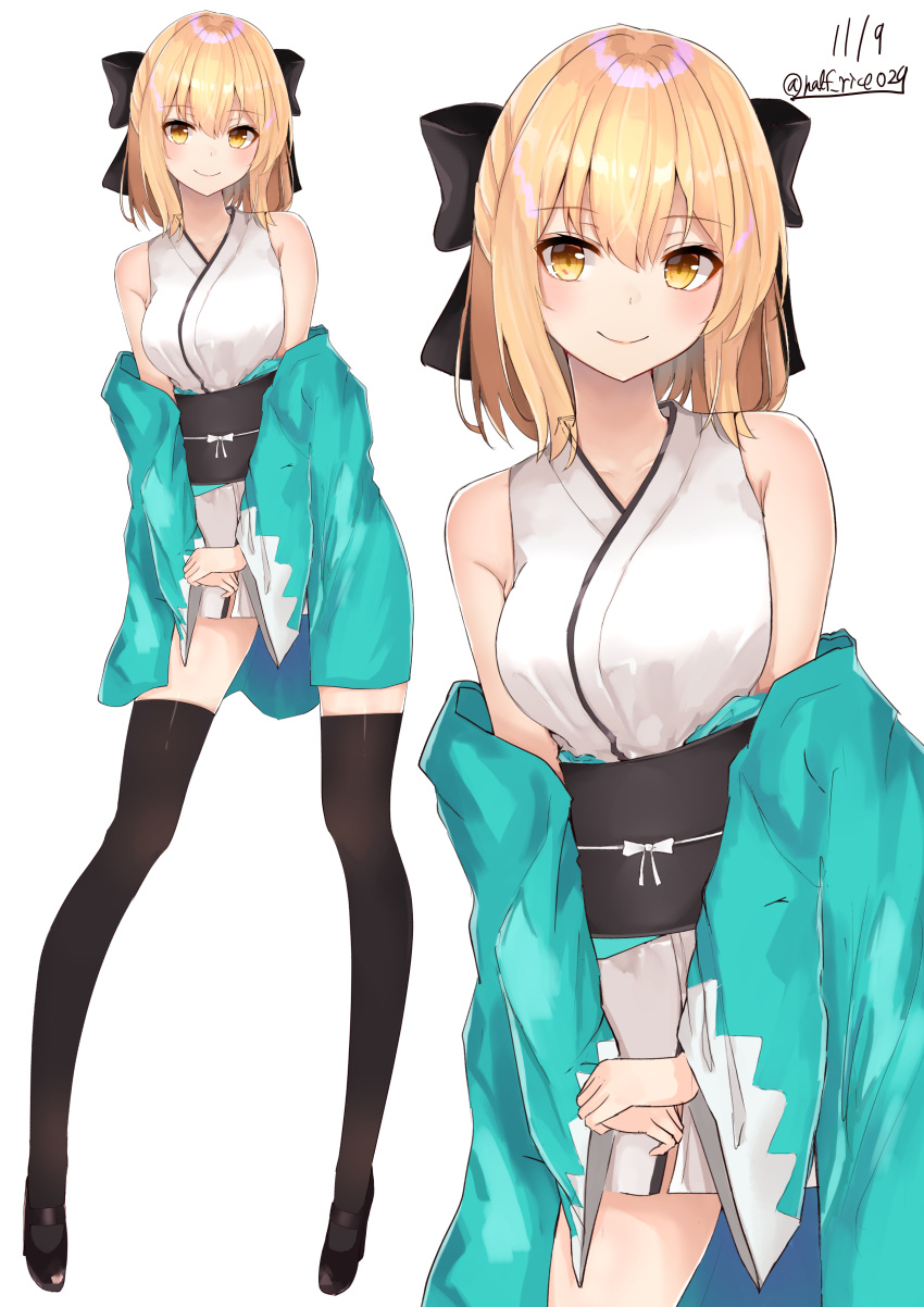 1girl absurdres ahoge artist_name bangs bare_shoulders black_bow black_legwear blonde_hair blush bow breasts commentary_request eyebrows_visible_through_hair fate/grand_order fate_(series) full_body hair_between_eyes hair_bow highres japanese_clothes kimono long_legs looking_at_viewer multiple_views okita_souji_(fate) okita_souji_(fate)_(all) shiina_aoi short_hair simple_background smile thigh-highs white_background yellow_eyes