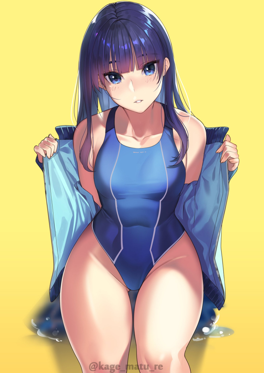 bangs bare_shoulders blue_eyes blunt_bangs copyright_request highleg highleg_swimsuit highres jacket kagematsuri long_hair one-piece_swimsuit original swimsuit thighs track_jacket tsurime twitter_username