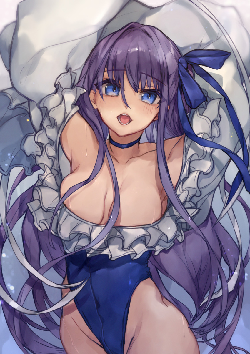 1girl arms_up bangs bare_shoulders blue_eyes blue_ribbon blue_swimsuit blush breasts choker collarbone covered_navel fate/grand_order fate_(series) frills hair_between_eyes highleg highleg_swimsuit highres long_hair long_sleeves looking_at_viewer meltryllis meltryllis_(swimsuit_lancer)_(fate) one-piece_swimsuit open_mouth puffy_sleeves purple_hair ribbon sleeves_past_fingers sleeves_past_wrists small_breasts solo swimsuit very_long_hair yok01