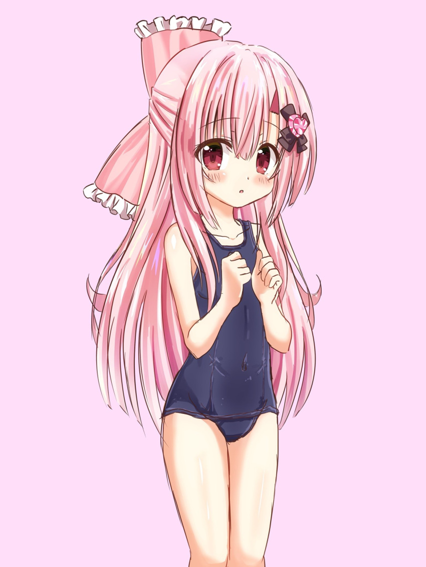 1girl artina covered_navel hair_ornament hair_ribbon highres long_hair one-piece_swimsuit original pink_background pink_eyes pink_hair ribbon school_swimsuit simple_background solo swimsuit