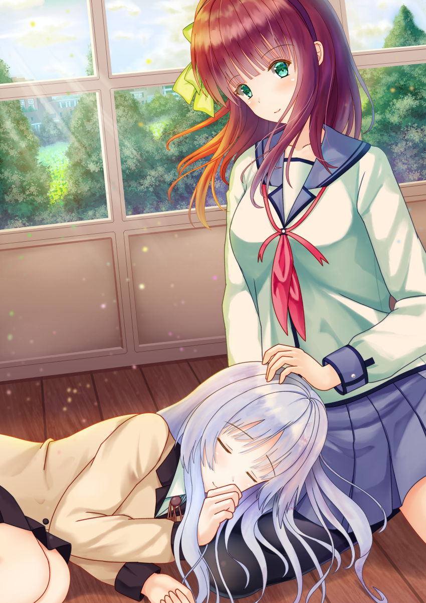 2girls absurdres angel_beats! bangs blush classroom closed_eyes curled_up green_eyes hand_on_another's_head highres huge_filesize kanahigu lap_pillow long_hair looking_down lying multiple_girls purple_hair ribbon school_uniform shinda_sekai_sensen_uniform silver_hair skirt sleeping smile sunlight tachibana_kanade thigh-highs yuri_(angel_beats!)