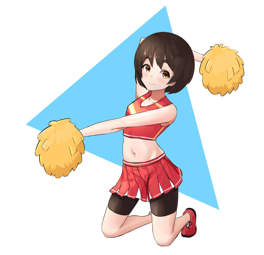 1girl absurdres alternate_costume bangs bike_shorts black_hair black_shorts brown_eyes cheerleader crop_top highres kantai_collection kibitarou kneeling looking_at_viewer maru-yu_(kantai_collection) midriff navel parted_bangs pleated_skirt pom_poms red_shorts red_skirt short_hair shorts shorts_under_skirt simple_background skirt smile solo thick_eyebrows triangle white_background